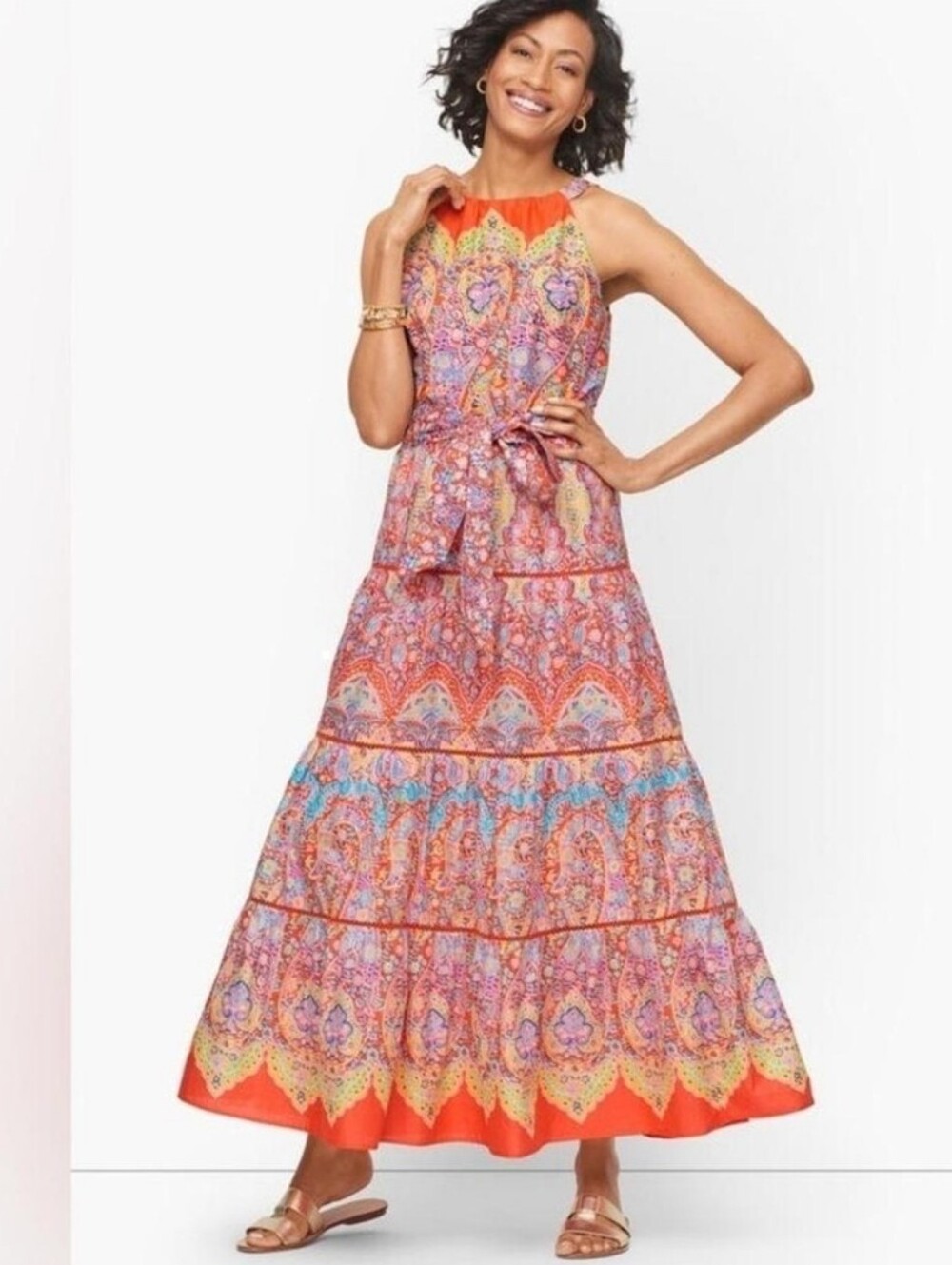 Talbots Tiered Halter Orange Mix Medallion Belted Maxi Dress 14 Resortwear Vacay